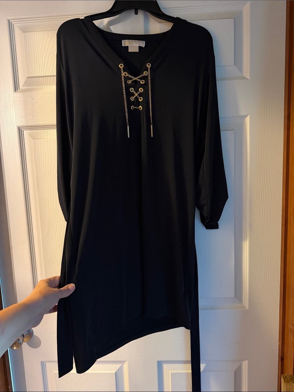 Michael Kors Black Long-Sleeve Lace-Up Dress with Gold Chain - Picture 9 of 10